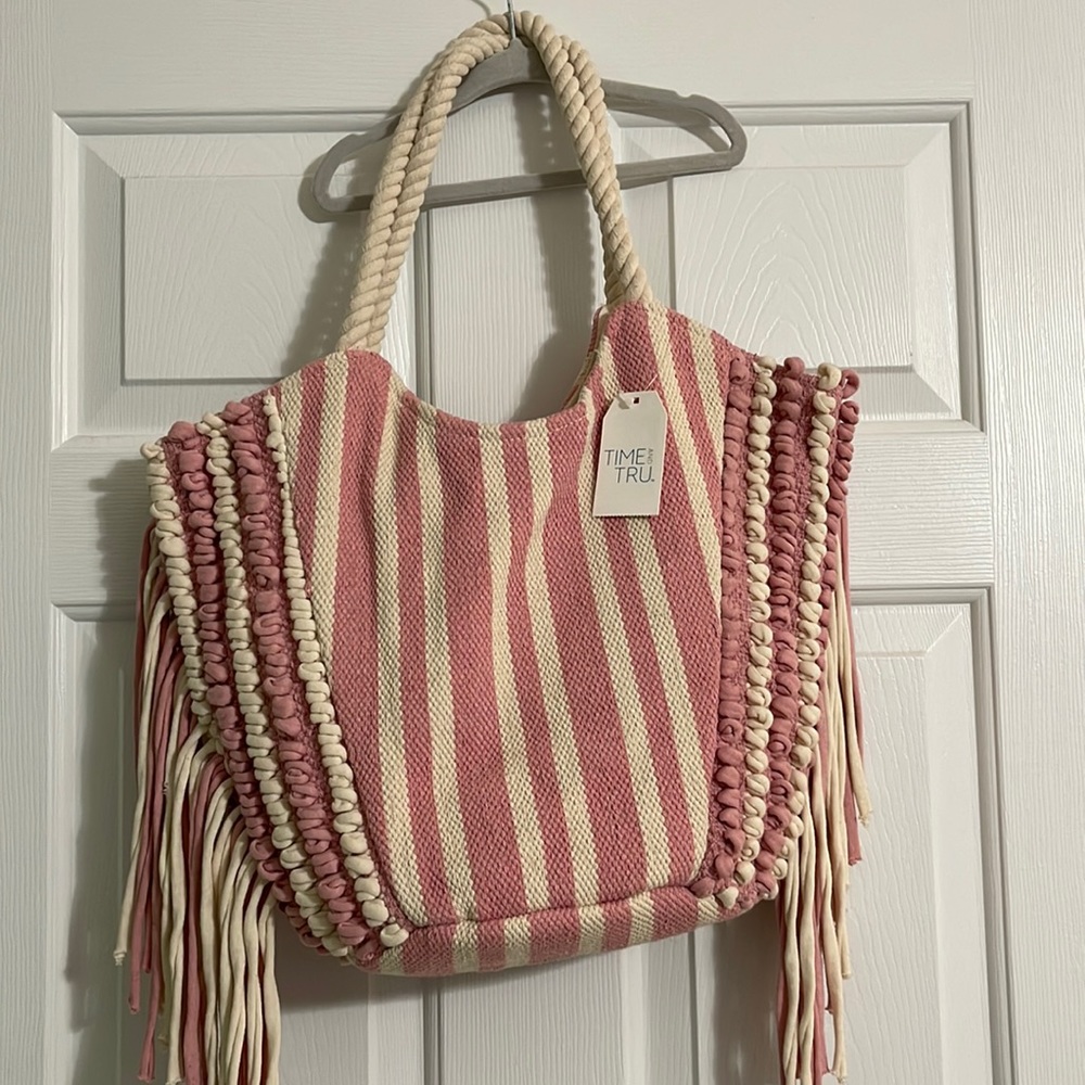 Time And Tru Women's Fringe Woven Tote Bag Dusty Rose Stripe